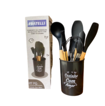 CJTO UTENSILIOS SILICONE PRETO CABO BAMBU 7PC - Distribuidora 12 de Outubro