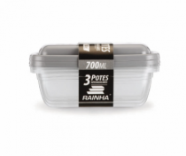CONJ.3 POTES RETANGULAR 700 ML TRANSP.C/TAMPA - Distribuidora 12 de Outubro