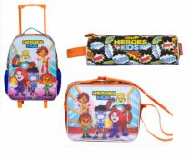 KIT MOCHILA RODINHA LANCHEIRA E ESTOJO HEROES - Distribuidora 12 de Outubro